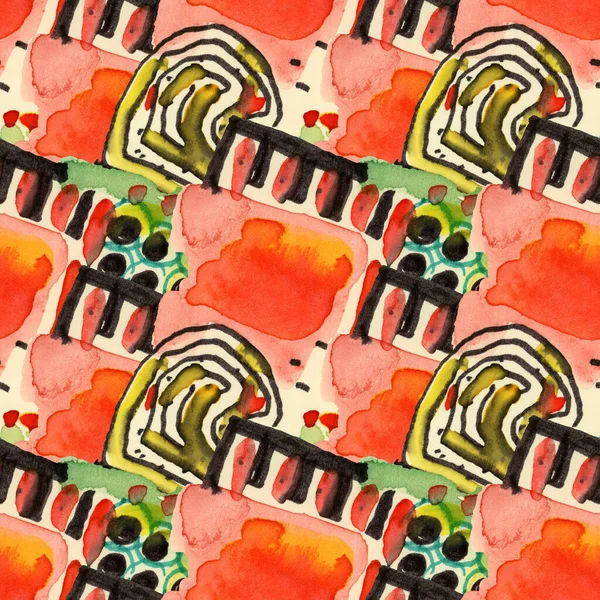 Abstract seamless pattern with watercolor drawing in doodle style. Drawing watercolor and ink.
