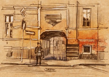 Şehir manzarası. Renkli kalemlerle çizim yap. El çizimi illüstrasyon.