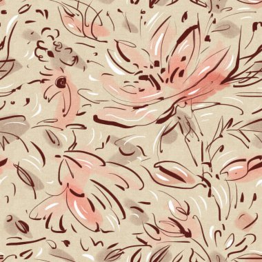 Yaz kumaşları için parlak tropikal çiçeklerle kusursuz desen. Akrilik resim, elle çizilmiş resim.. 