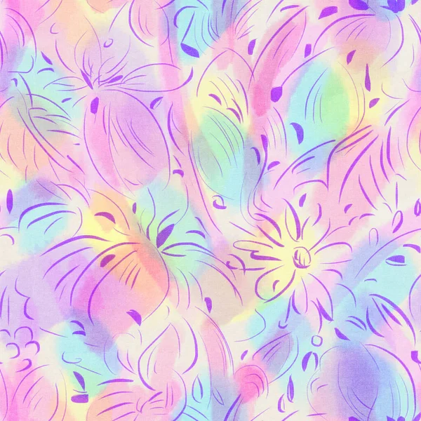 夏日面料的无缝图案 热带艳丽的花朵 丙烯酸画手绘插图 — 图库照片