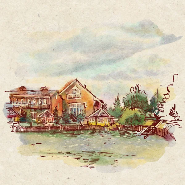 Letní Krajina Malou Vesnicí Kreslí Akvarel Inkoust Vektorová Ilustrace — Stock fotografie