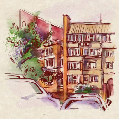 Şehir manzarası. Mürekkep ve suluboya. El çizimi illüstrasyon.