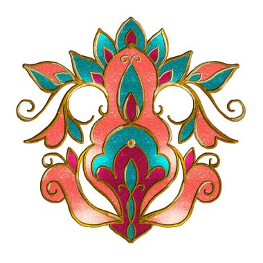 Tasarım için dekoratif bir unsur, beyaz bir arkaplanda izole edilmiş. Altın işlemeli stilize nakış. El çizimi illüstrasyon.