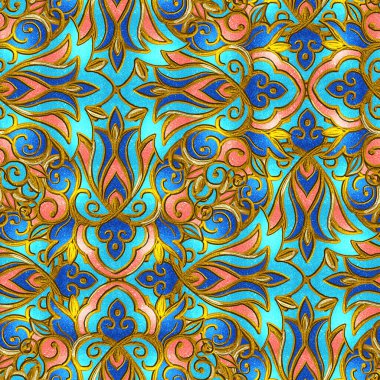 Arabesk ile altın işlemeli. Kusursuz desen. El çizimi illüstrasyon.