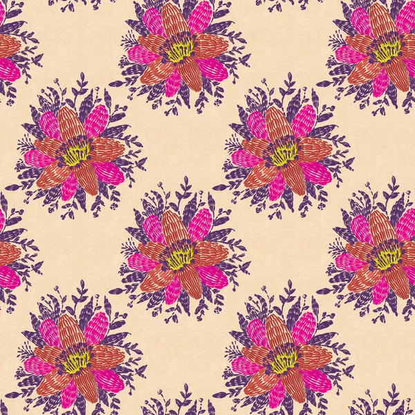 Seamless Pattern Decorative Embroidery Bright Flowers Hand Drawn Illustration Hand — Stock Photo, Image