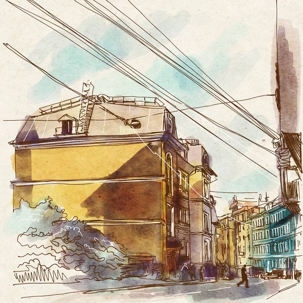 City landscape.  Sketch ink and watercolor. Hand-drawn illustration.
