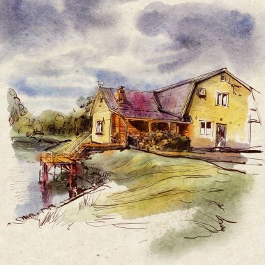 Küçük bir köyle yaz manzarası. Suluboya ve mürekkeple çizim.