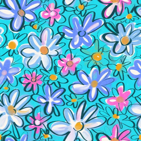 Patrón Sin Costuras Con Flores Brillantes Primavera Pintura Digital —  Fotos de Stock