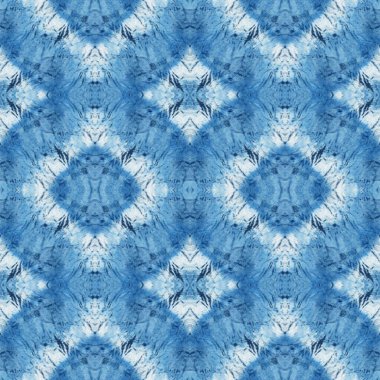 Beyaz ipeğin üzerindeki çivit rengi kusursuz kravat boyası deseni. El boyası kumaşlar - nodüler batik. Shibori boyaması.. 