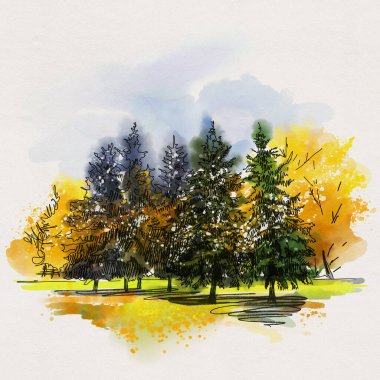 Sonbahar manzarası. Suluboya ve mürekkeple çizim. El çizimi illüstrasyon.