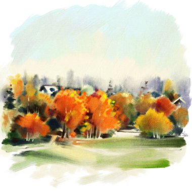 Soyut izlenimcilik. Sonbahar manzarası. Modern resim. El çizimi illüstrasyon. 