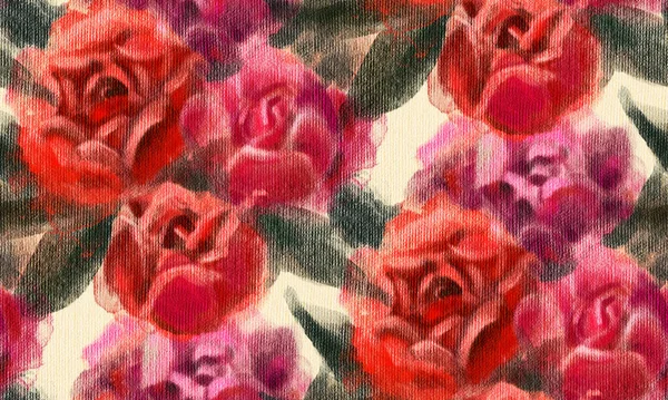 明るい春の花とシームレスなパターン 赤いバラ デジタル絵画 — ストック写真