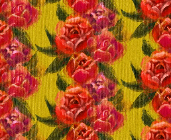 Seamless Pattern Bright Spring Flowers Red Roses Digital Painting — 图库照片