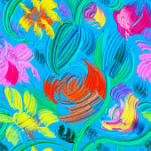 Bezešvé vzory s jasnými tropickými květy pro letní tkaniny. Akrylové malby.. Ručně kreslené ilustrace. 