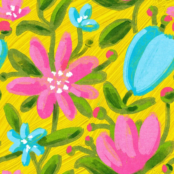 Zökkenőmentes Minta Élénk Trópusi Virágokkal Nyári Szövetekhez Akril Festmény Kézzel — Stock Fotó