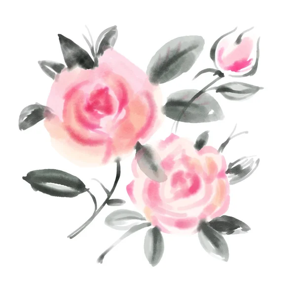 Roses Aquarelle Rouge Isolées Sur Fond Blanc Illustration Dessinée Main — Photo