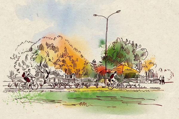 Φθινοπωρινό Τοπίο Σχέδιο Ακουαρέλα Και Μελάνι Χειροποίητη Απεικόνιση — Φωτογραφία Αρχείου