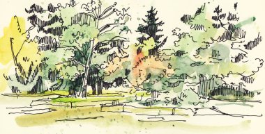 Yaz manzara. Suluboya ve mürekkep çizim. Resimde çizilmiş. 