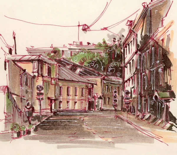 Şehir eskizi. Şehir merkezinde bir cadde. Çizim işaretleri. El çizimi illüstrasyon. 