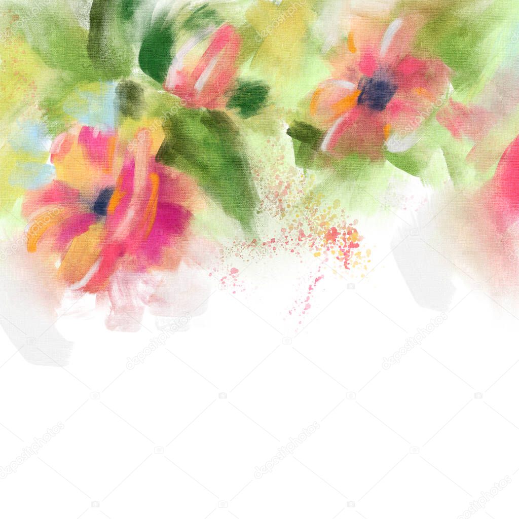 Floral background with space for text. Acrylic painting.  Hand-drawn illustration. 