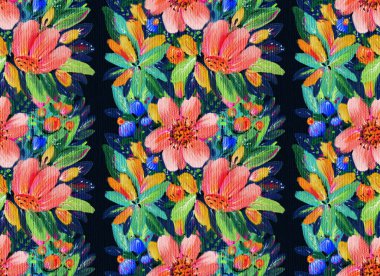 Yaz kumaşları için parlak tropikal çiçeklerle kusursuz desen. Akrilik resim, elle çizilmiş resim.. 