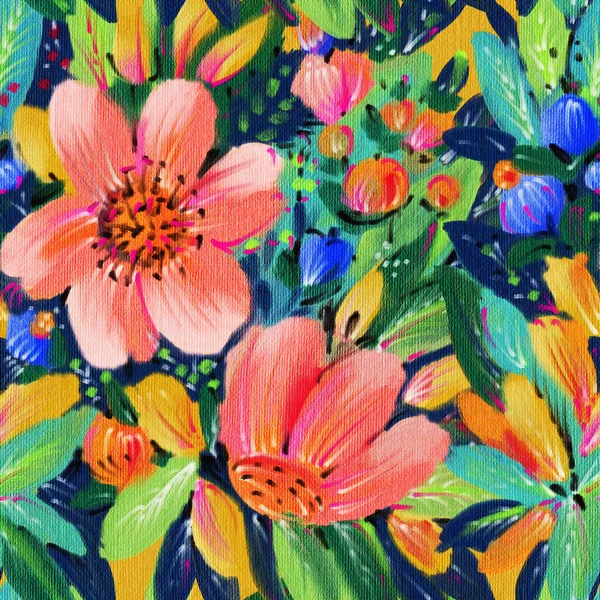 Seamless Pattern Bright Tropical Flowers Summer Fabrics Acrylic Painting Hand — Stock Photo, Image