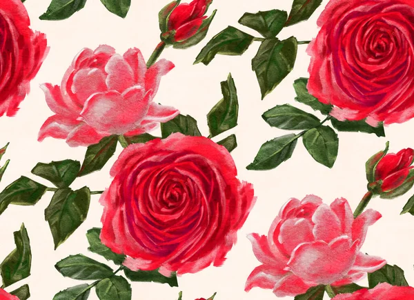 Modèle Sans Couture Avec Des Roses Peinture Huile Illustration Dessinée — Photo