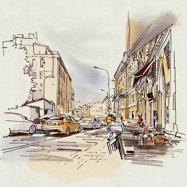 Paisagem Urbana Café Rua Tinta Esboço Aquarela Ilustração Desenhada Mão — Fotografia de Stock