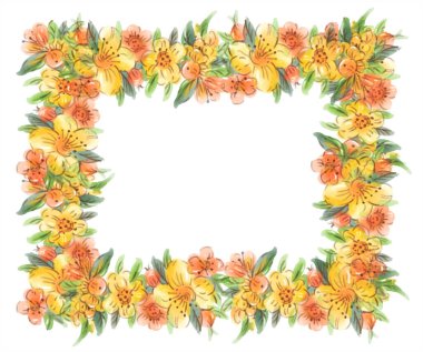 Suluboya çiçekli dikdörtgen çerçeve. El çizimi illüstrasyon. 