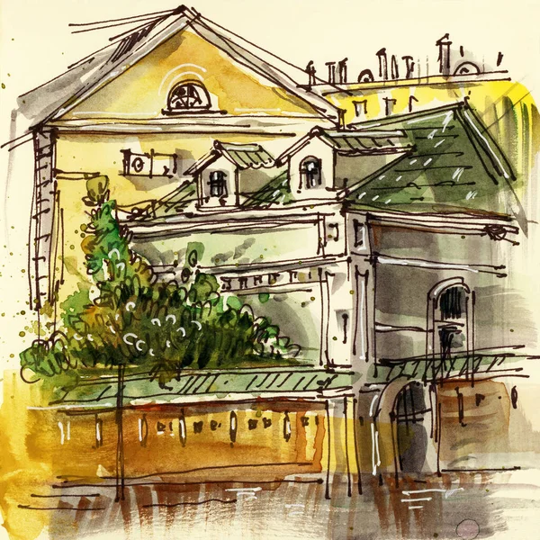 City Landscape Sketch Ink Watercolor Hand Drawn Illustration — Stock Photo, Image