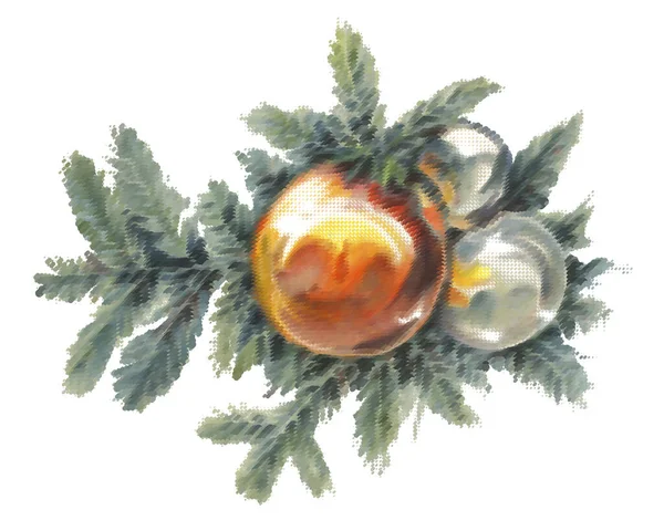 圣诞树的枝条 装饰着闪闪发光的球刺绣的模仿 在白色背景上孤立 — 图库矢量图片
