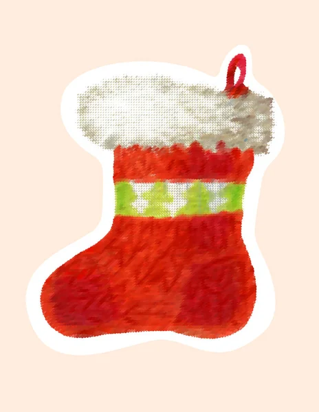 Chaussette Noël Rouge Pour Cadeaux Sticker Avec Broderie Imitation Illustration — Image vectorielle