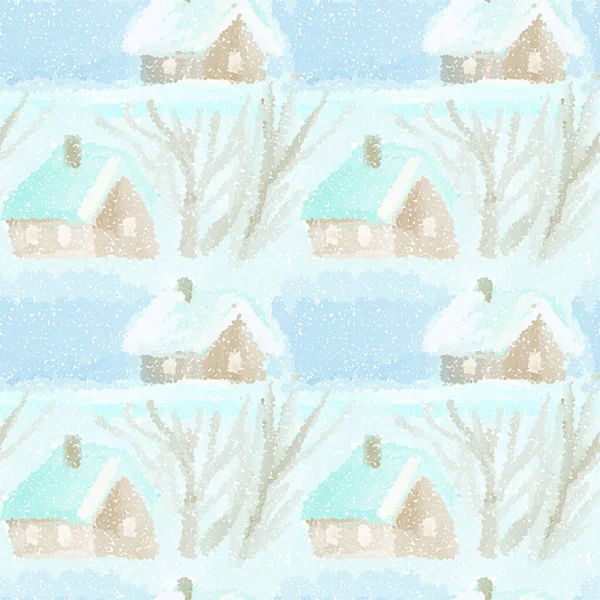 Paisagem Inverno Com Uma Pequena Aldeia Padrão Sem Costura Desenho — Vetor de Stock