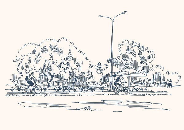 Desenho Parque Cidade Com Ciclistas Uma Ciclovia Ilustração Vetorial — Vetor de Stock