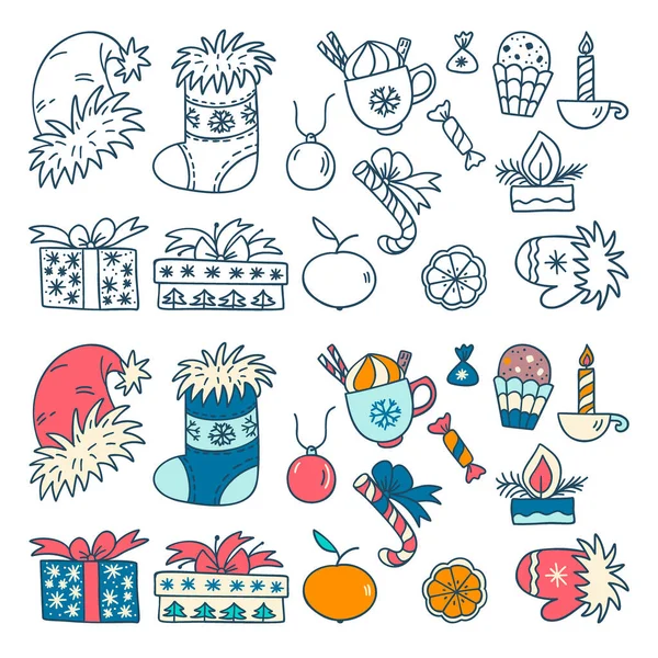 Coloring Book Monochrome Colored Christmas Items Vector Illustration — Stock Vector