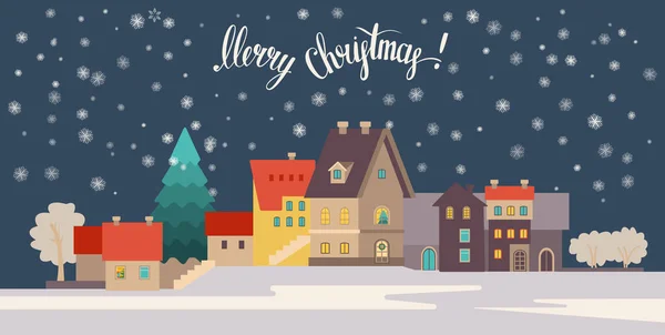 Tarjeta Navidad Con Una Ciudad Nocturna Ilustración Vectorial Estilo Plano — Archivo Imágenes Vectoriales