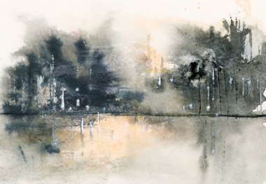 Soyut kış manzarası. Suluboya ve mürekkeple çizilmiş bir resim. El çizimi illüstrasyon.