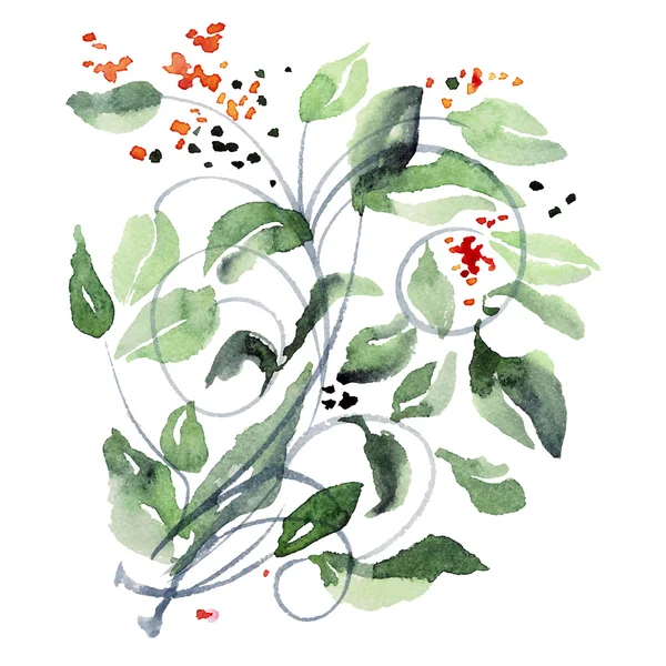 Aquarela folhas verdes e flores — Vetor de Stock