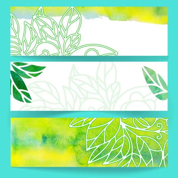 Banners con hojas de acuarela verde — Vector de stock