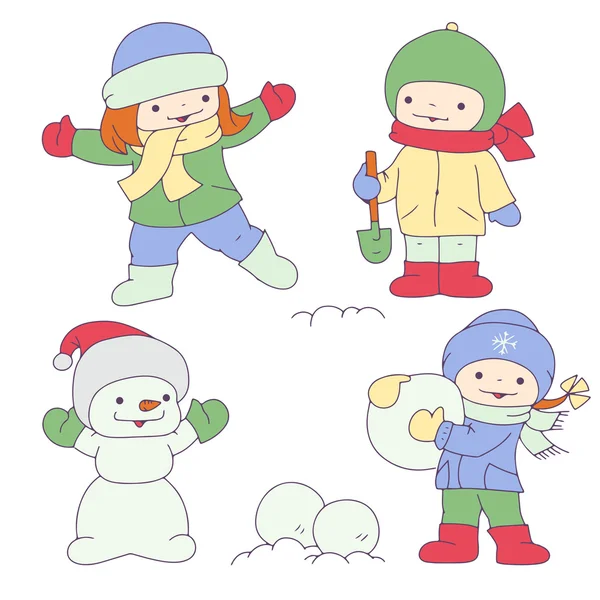 Los niños de dibujos animados en el invierno — Vector de stock