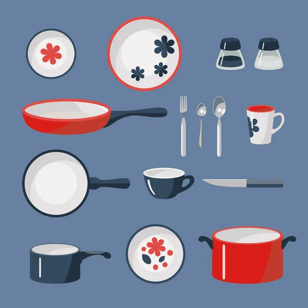 Set of crockery and kitchen wares. — Stock Vector