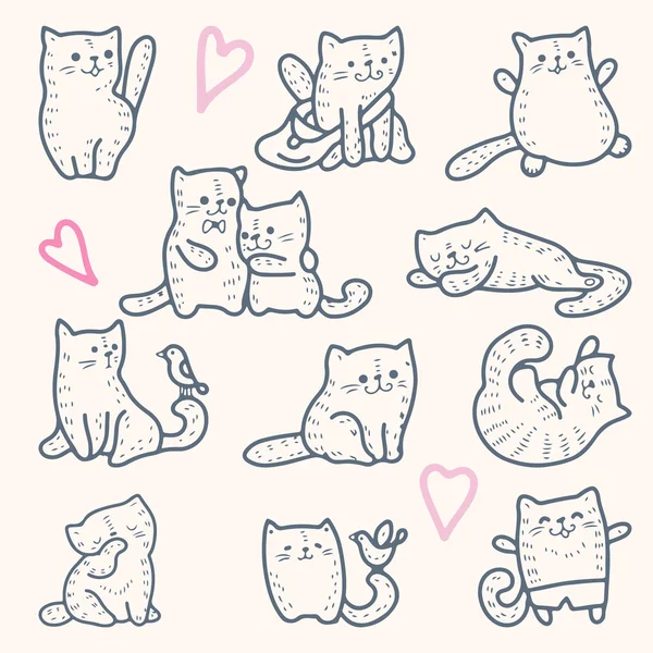 Divertidos gatitos de dibujos animados con corazones — Archivo Imágenes Vectoriales