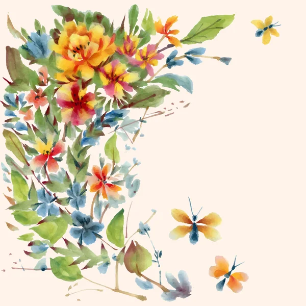 Aquarela flores e borboletas — Vetor de Stock