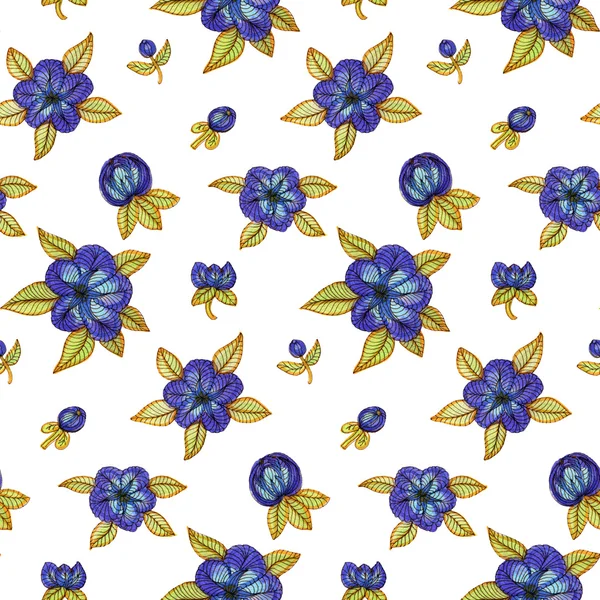 Patrón con flores de acuarela azul —  Fotos de Stock