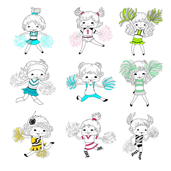 Cheerleaders desenhos animados com pompons — Vetor de Stock