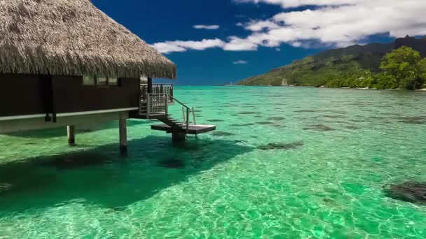 Bungalow sobre el agua con escalones en la laguna increíble — Vídeo de stock