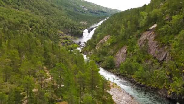 Nyastolfossen Falls Second Waterfall Husedalen Valley Kinsarvik Norway — Stock Video