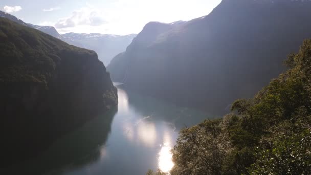 Panoramisch Drone Landschap Van Geiranger Fjorden Geirangerfjord Noorwegen — Stockvideo