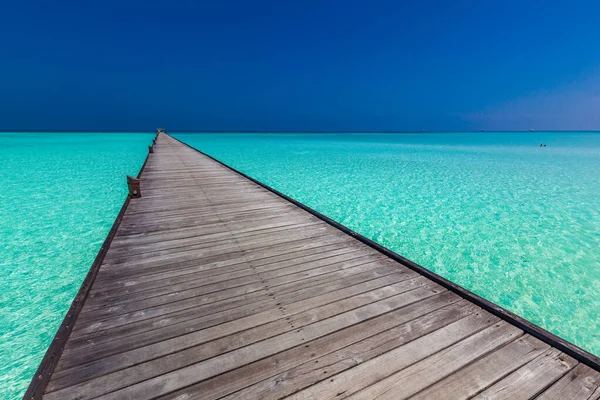 Jetty Sobre Atol Natação Uma Ilha Resort Tropical Maldivas — Fotografia de Stock