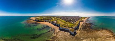 Drone aerial view of the beach and white cliffs on sunny day, Margate, England, UK clipart